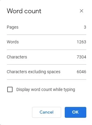 Google Docs word count window