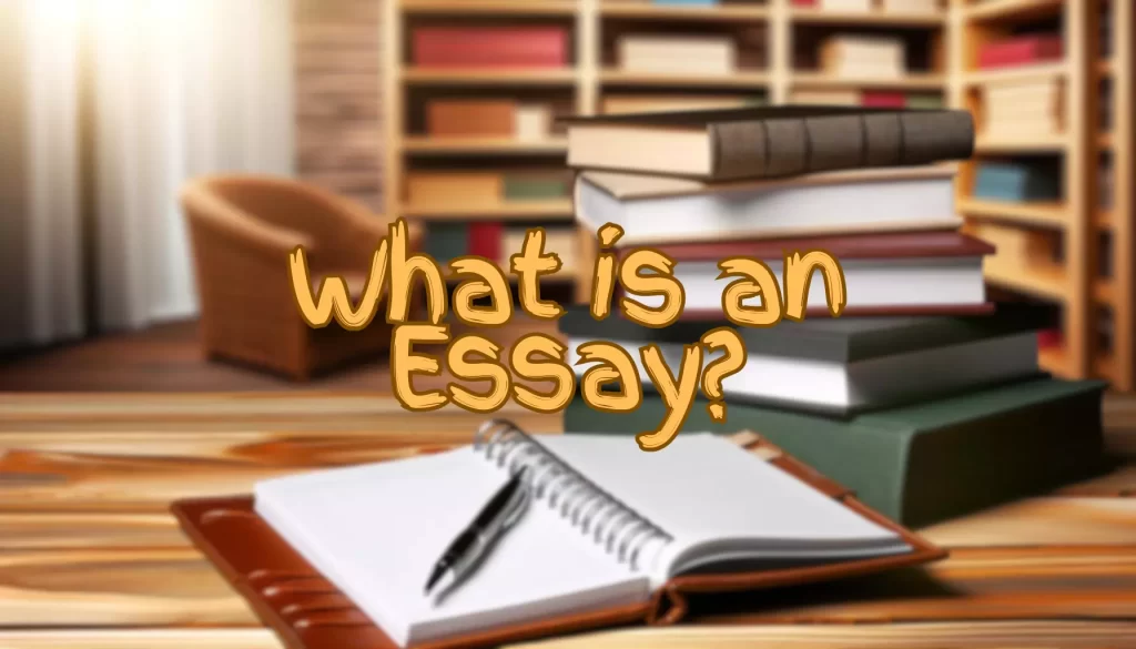 Text that says What is an Essay? with books on the background