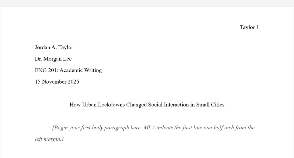 MLA-format first page generated with the essayreply title page generator, showing the student name, instructor, course, date, and the centered essay title