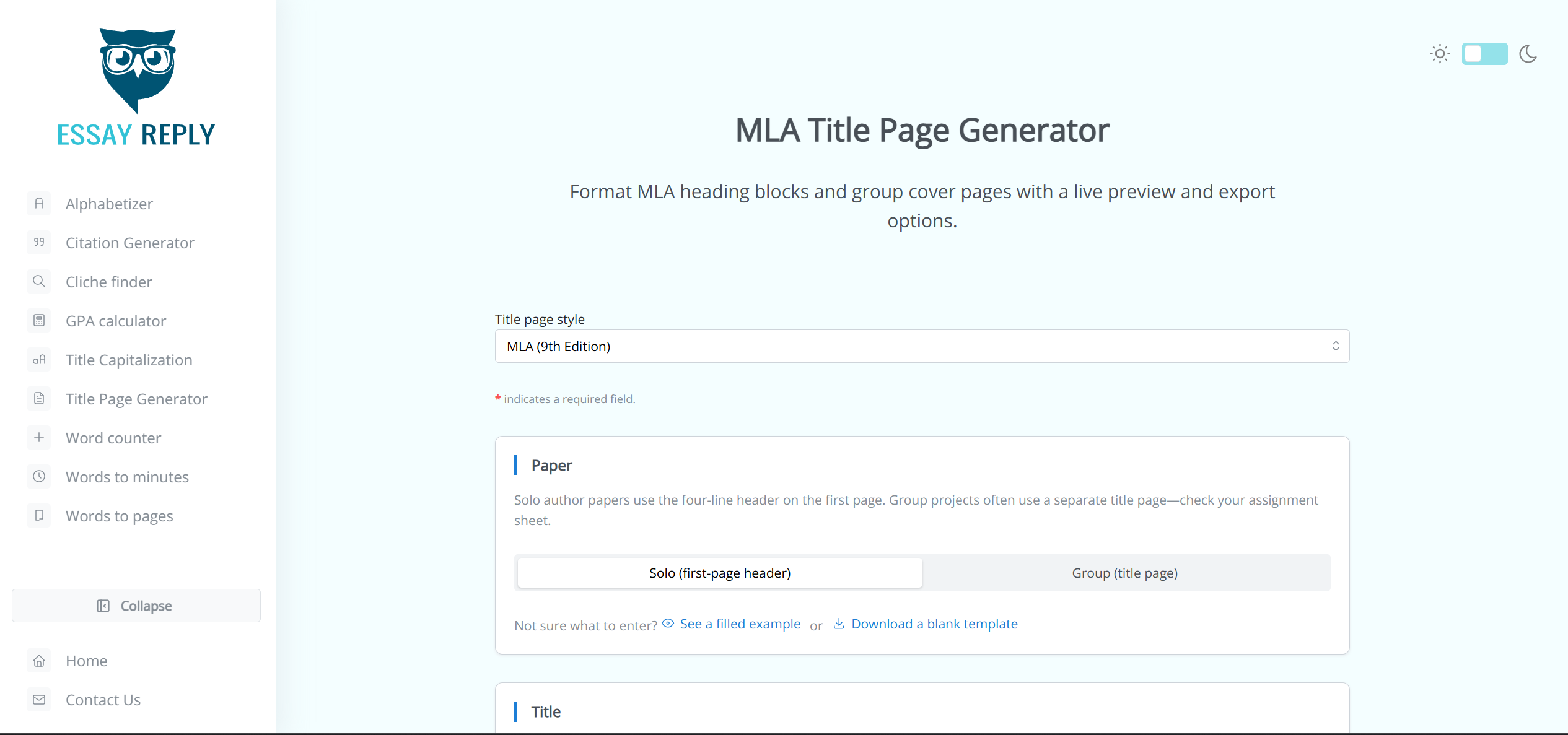 MLA Title Page Generator - EssayReply Tools