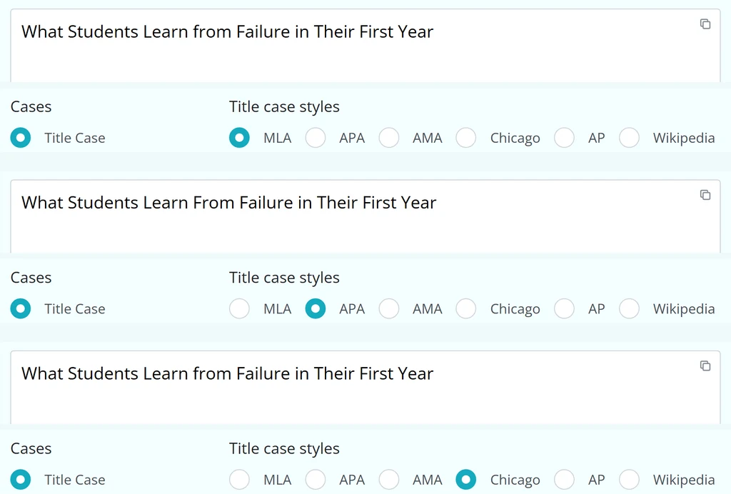 The same essay title capitalized in MLA, APA, and Chicago style in the essayreply title capitalization tool; APA capitalizes the four-letter preposition From while MLA and Chicago lowercase it